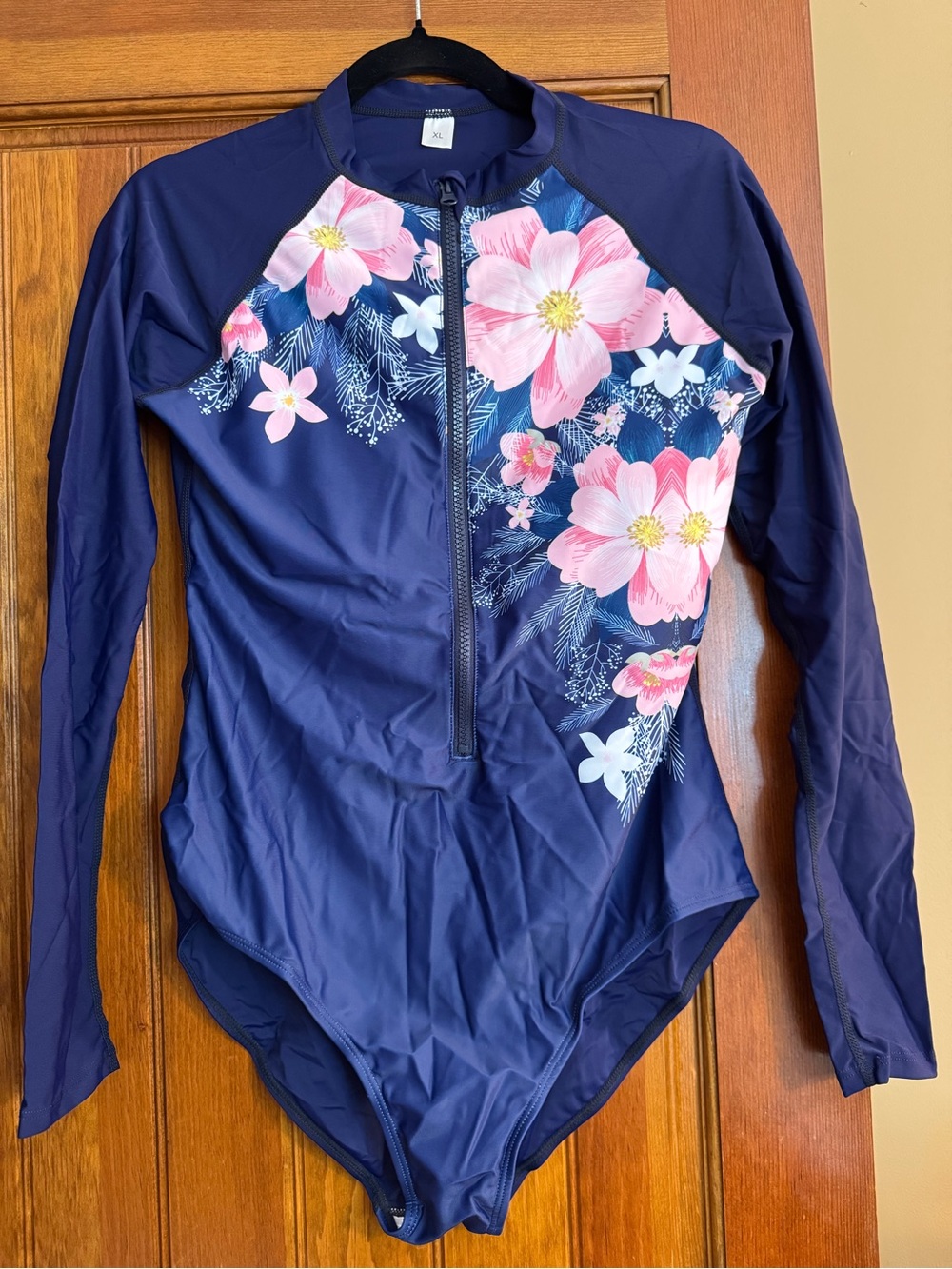 Amazon Women's Navy Blue One-Piece Rash Guard Swimsuit with Pink Floral Print